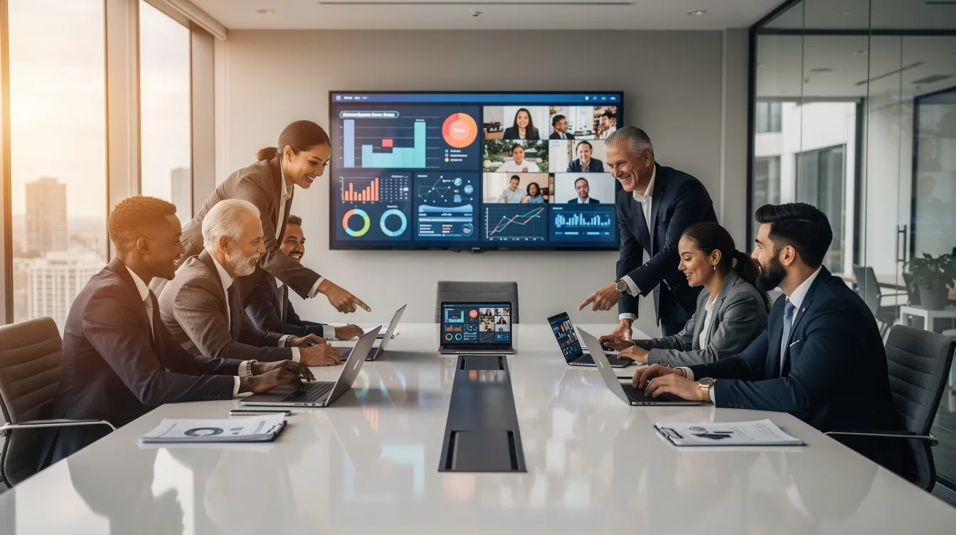 The image depicts a diverse group of business professionals collaborating around a conference table, equipped with laptops and digital screens. They represent a blend of human intelligence and AI tools, working together to generate actionable insights and enhance their business strategies.
