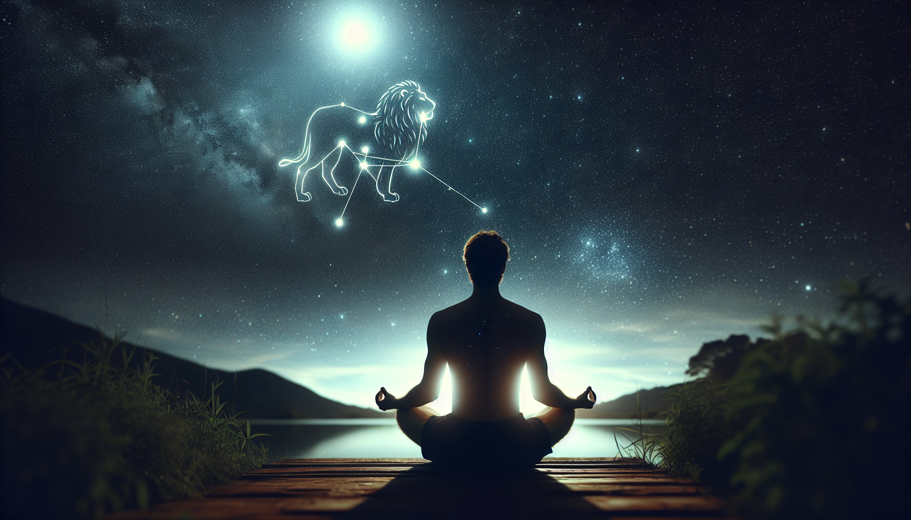 Person meditating under zodiac sign constellation