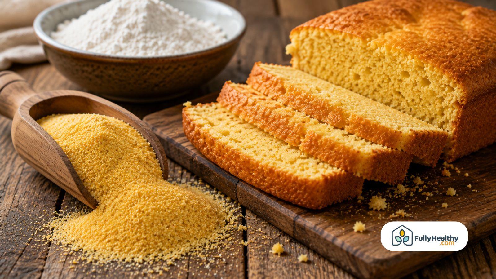 Sliced golden cornbread with cornmeal and flour on rustic wooden table