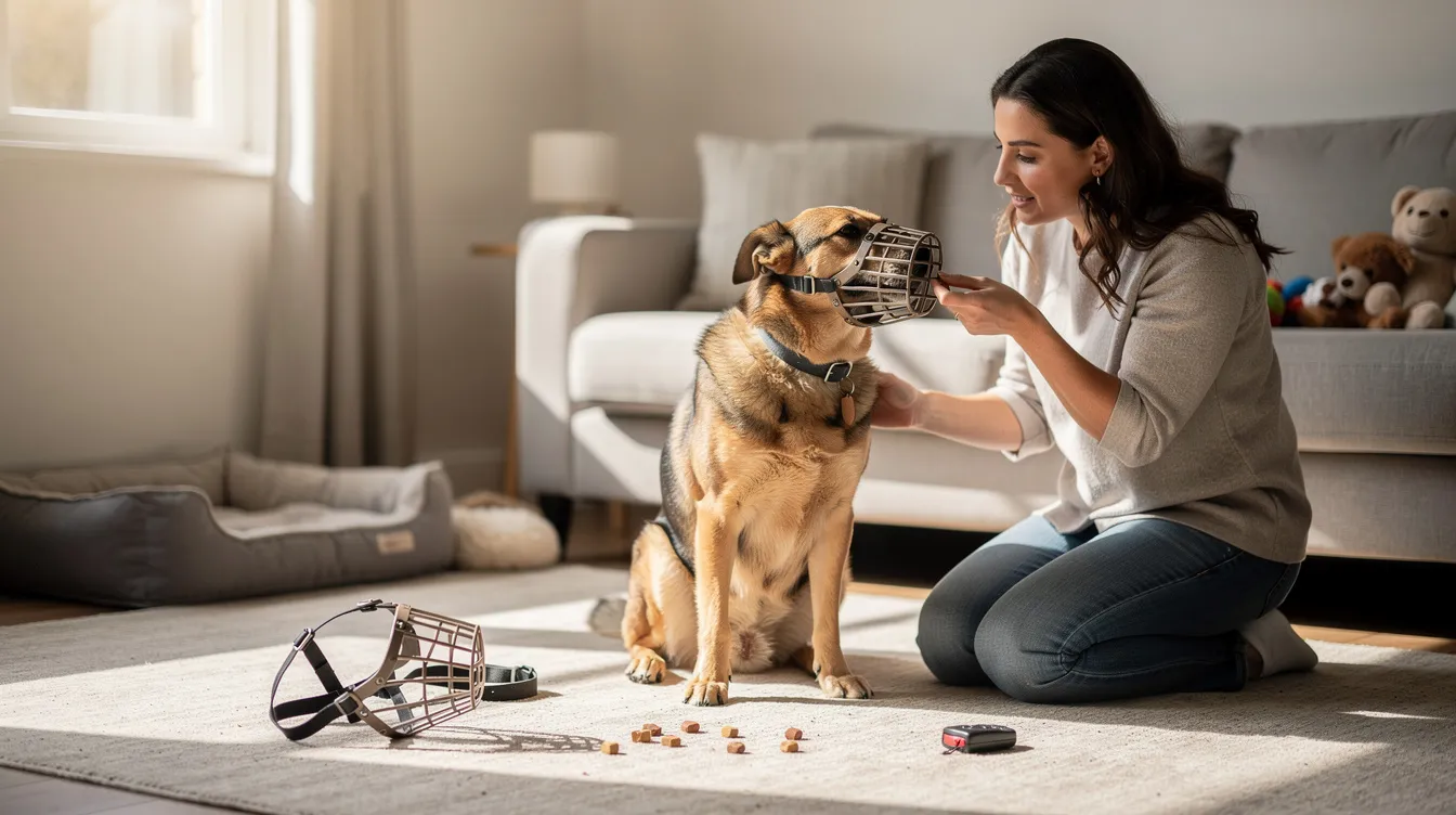 The image depicts a calm dog wearing a basket muzzle during a training session, sitting next to its owner who is holding treats. The scene emphasizes the importance of muzzle training, showing the dog comfortably wearing the muzzle while engaging with its owner, highlighting a positive and encouraging training environment.