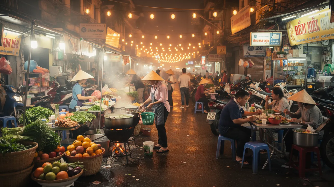 The image depicts a vibrant Vietnamese street market bustling with activity, showcasing vendors and colorful food stalls illuminated by string lights. Visitors can explore various payment options, including popular payment methods like cash and digital wallets, while enjoying the local street food.
