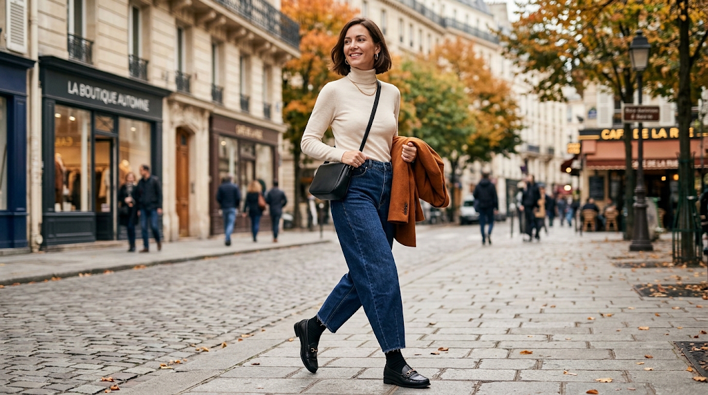 A woman walking on a cobblestone street in autumn, wearing dark wash barrel leg jeans, a cream turtleneck, and black loafers.