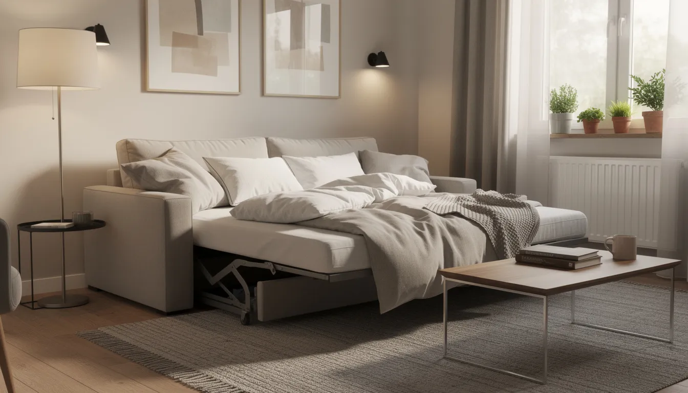 The image features a modern sofa bed in a cosy studio apartment, showcasing its sleeping surface while maintaining a stylish look with clean lines and bold colours. This compact piece is perfect for small living rooms, offering a practical solution for maximizing space and providing comfort for everyday use.