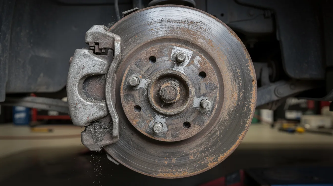 A close-up photograph shows a vehicle brake rotor and caliper assembly exhibiting visible wear and corrosion, highlighting potential safety issues related to faulty brakes. This image underscores the importance of vehicle safety and the legal implications of product liability lawsuits in personal injury cases.