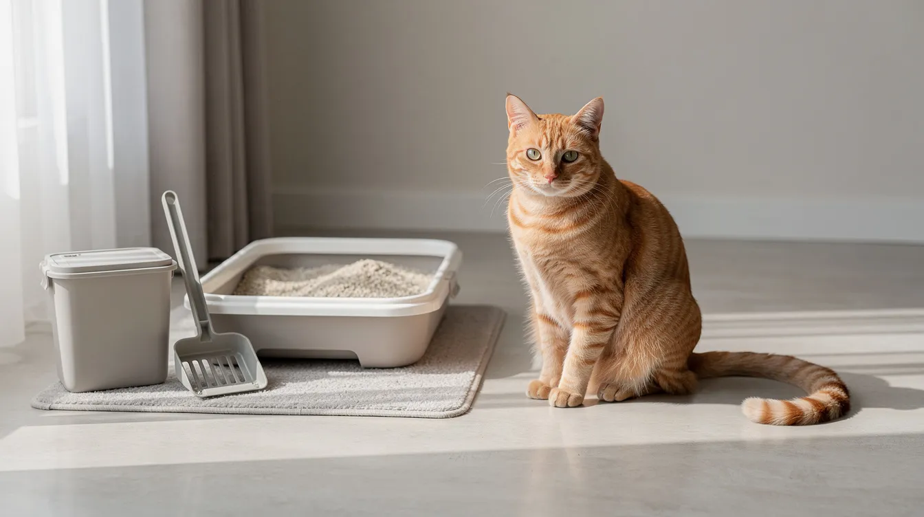 A calm ginger cat is sitting next to a clean litter box area on a light-colored floor, with a textured cat litter mat designed to trap litter and protect the floors from mess. The mat’s deep grooves help collect litter granules from the cat's paws, ensuring a tidy space for both the cat and its owners.