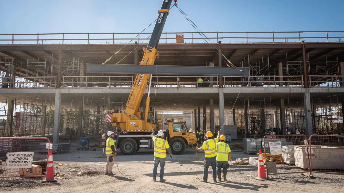 A mobile crane is lifting a large steel beam into position at a construction site, where workers in high-visibility clothing are overseeing the steel frame construction. This scene highlights the process of erecting steel framed buildings, showcasing the teamwork and efficiency essential in the construction industry.