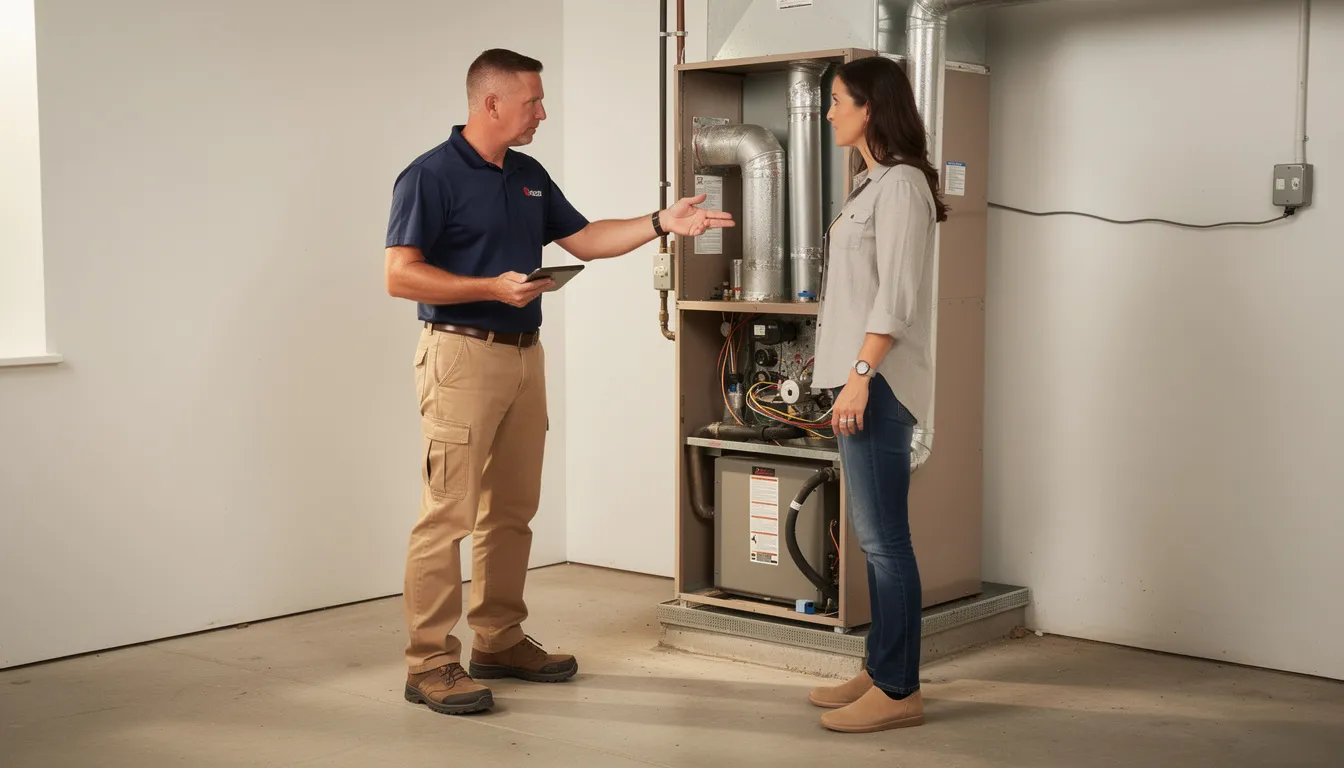 An HVAC technician, dressed in a plain navy shirt and tan pants, is showing a customer their air conditioning system, highlighting the components such as the outdoor unit and evaporator coil. The interaction emphasizes the importance of proper installation and maintenance for energy efficiency in heating and cooling systems.
