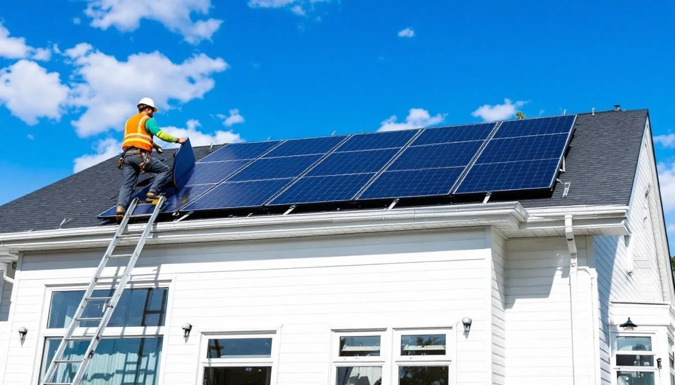 Une maison résidentielle avec des panneaux solaires installés sur le toit, illustrant un projet d'énergie solaire clé en main. Cette installation solaire représente une solution durable pour réduire l'empreinte carbone et optimiser la consommation d'électricité.