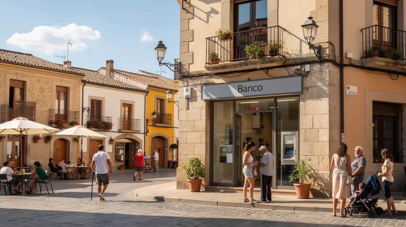 The image depicts a charming town square in Spain, featuring a traditional bank branch storefront where people stroll by, showcasing the vibrant local culture. This scene highlights the accessibility of banking services, such as opening a Spanish bank account or utilizing online banking options at the best banks in Spain.