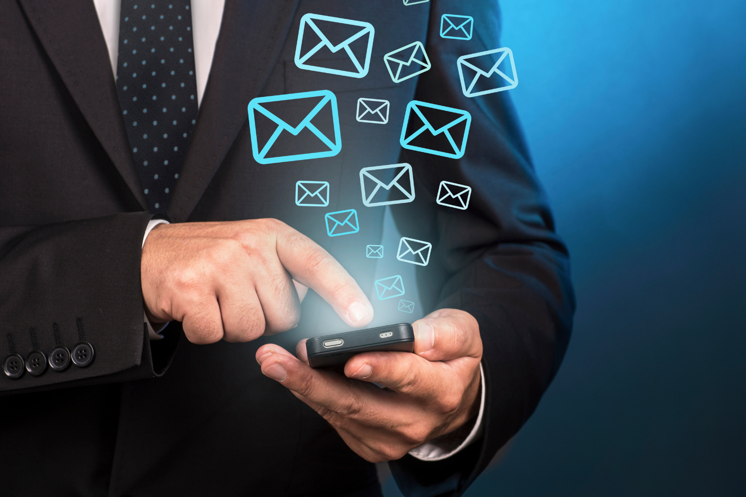 Person with digital illustrations of sending SMS through smartphone.