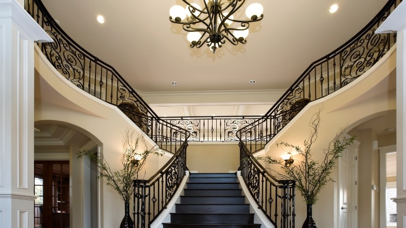 Beautiful chandeliers going along with staircase