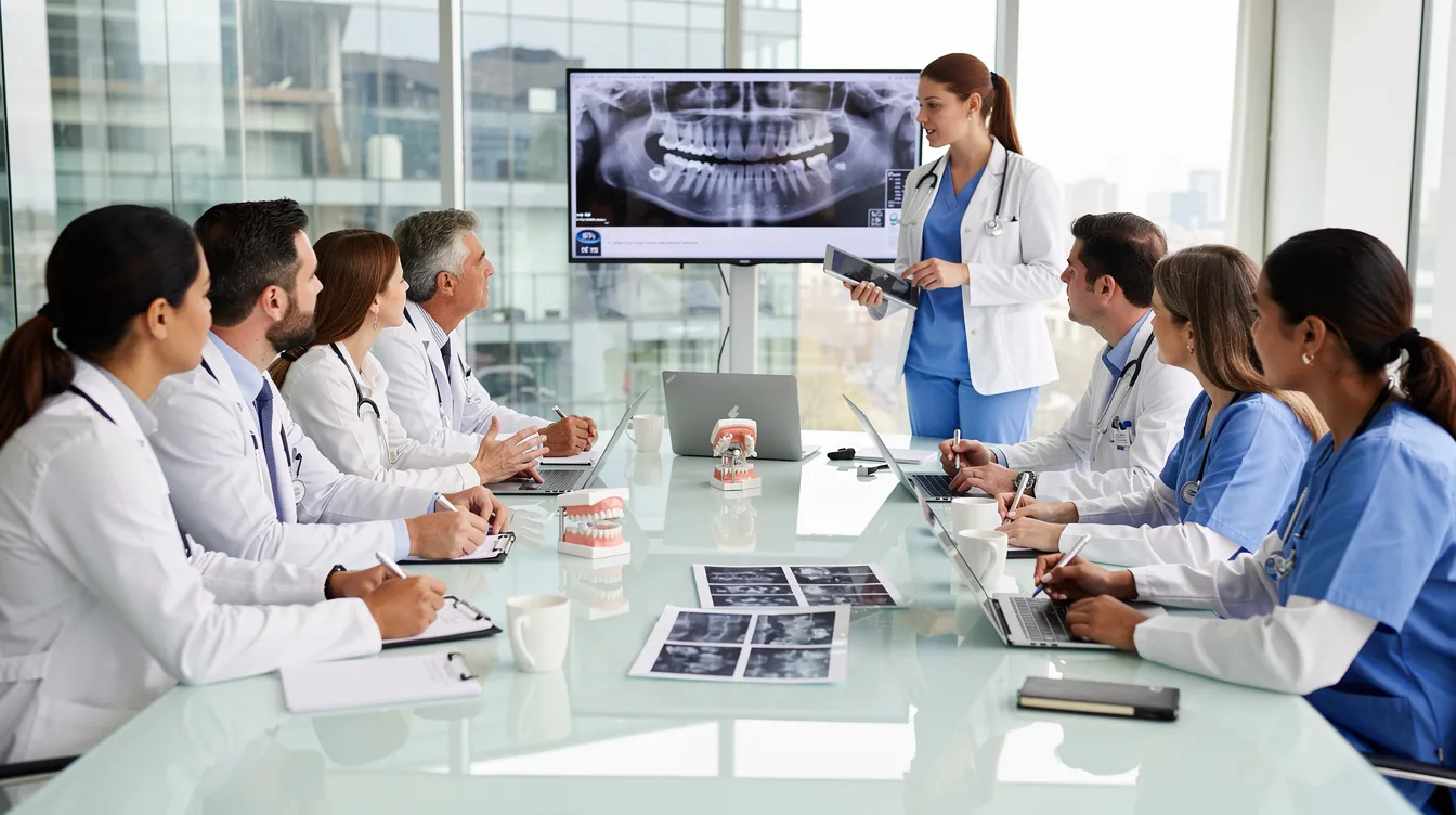 A group of dental professionals is engaged in discussion around a conference table, focusing on topics related to dental billing services, practice management, and improving patient satisfaction. They are likely strategizing ways to enhance billing operations and streamline the revenue cycle in their dental practices.