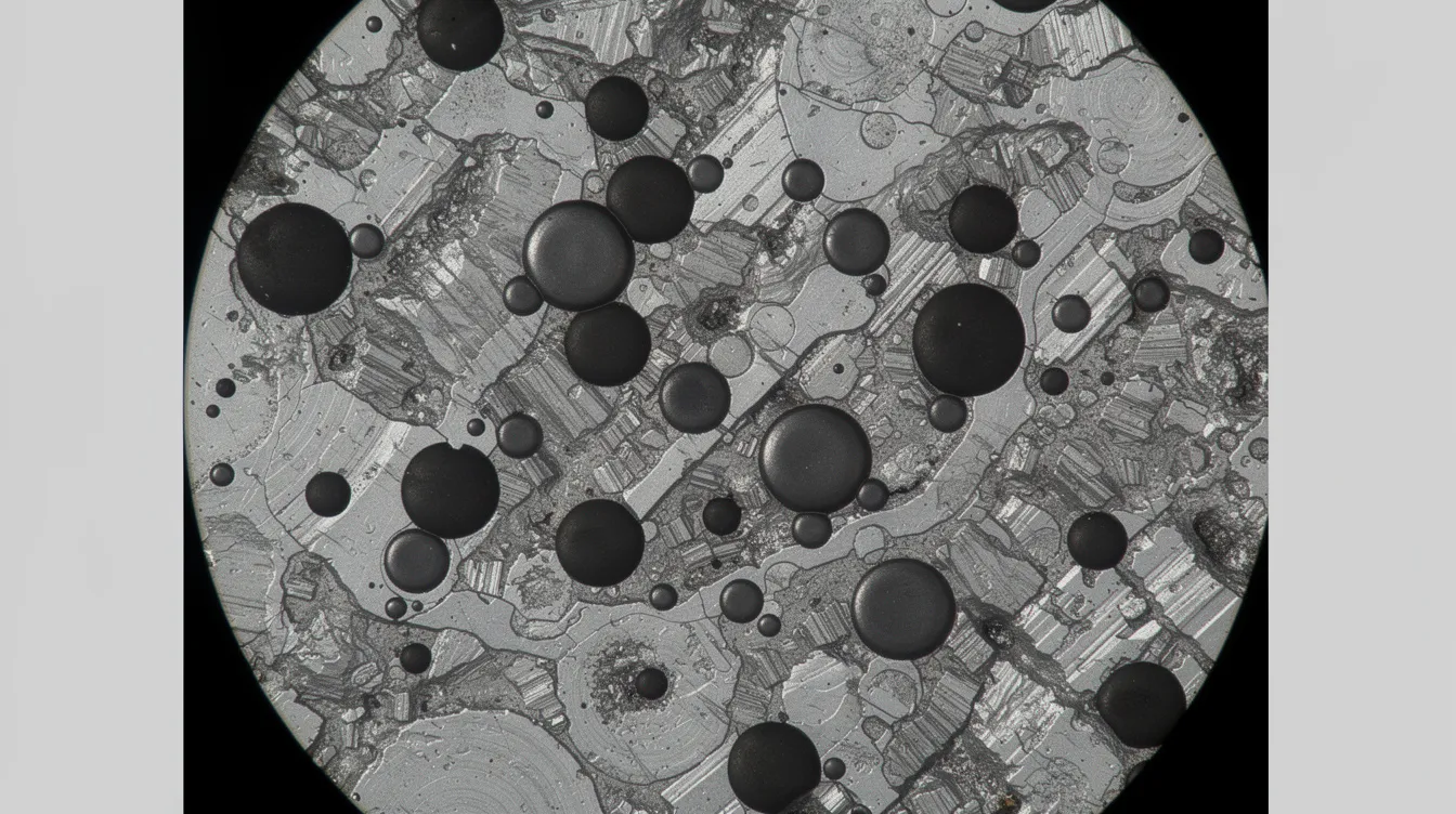 The image shows a close-up view of spherical graphite nodules, characteristic of ductile iron, as observed under a metallurgical microscope in a polished iron sample. These rounded nodules contribute to the unique microstructure and mechanical properties of ductile cast iron, enhancing its impact resistance and tensile strength.