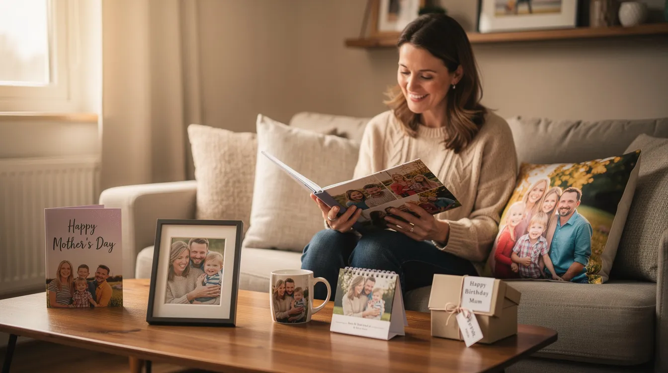 The image showcases a collection of personalised gifts for mum, including bespoke jewellery, sentimental photo keepsakes, and thoughtful presents perfect for Mother's Day or her birthday. Each item is designed to evoke joy and appreciation, transforming cherished memories into tangible treasures she'll love.