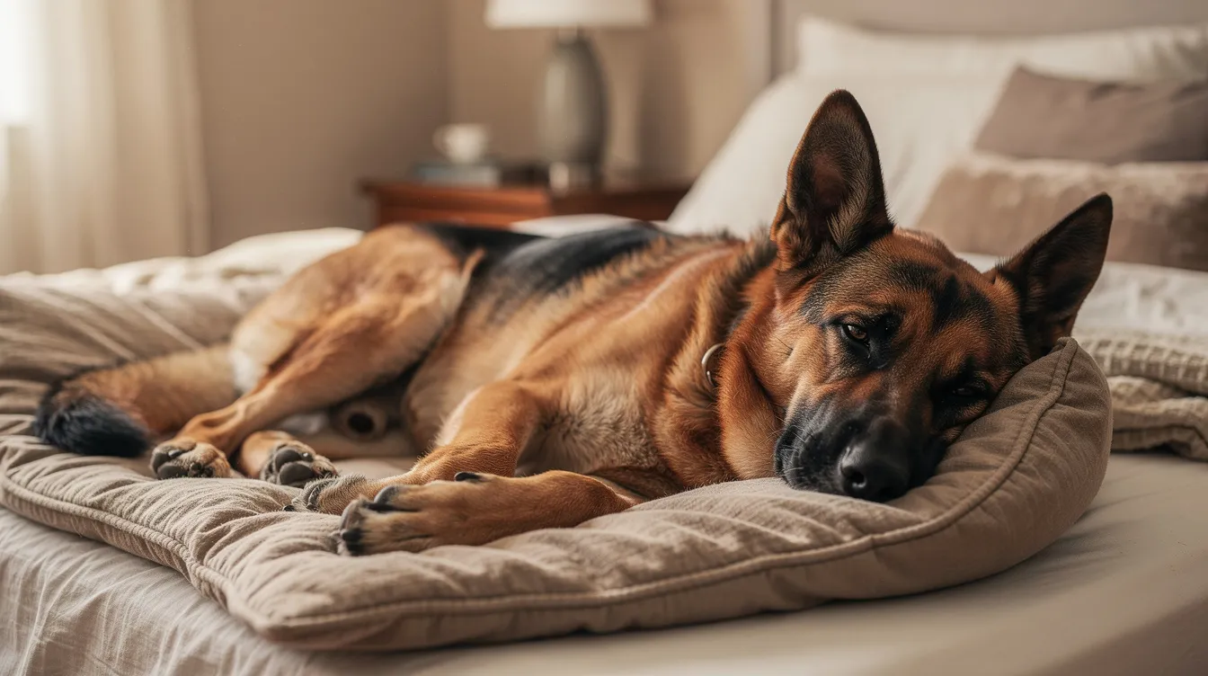 A large German Shepherd dog is resting peacefully on a comfortable bed indoors, showcasing its healthy cartilage and joints. This serene scene highlights the importance of joint health and the potential benefits of dietary supplements like MSM for maintaining mobility and reducing inflammation in dogs.