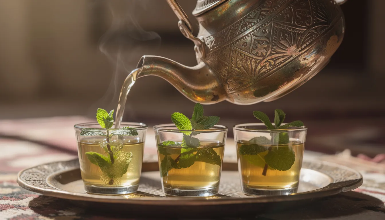 Una tetera tradicional mauritana está vertiendo té verde con menta en pequeños vasos de cristal, mientras que se aprecian los detalles de la cocina de Mauritania, que refleja las tradiciones gastronómicas de África occidental. El ambiente evoca la calidez y hospitalidad de la cultura mauritana.