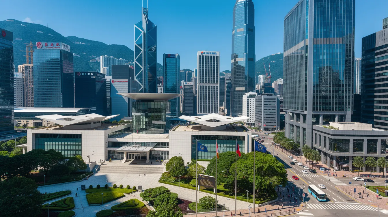 The image showcases the impressive skyline of the Hong Kong government district, featuring modern buildings against a clear blue sky. This view reflects the significance of the 香港 特別 行政區 and highlights the work environment for 公務員 的 roles in the region.