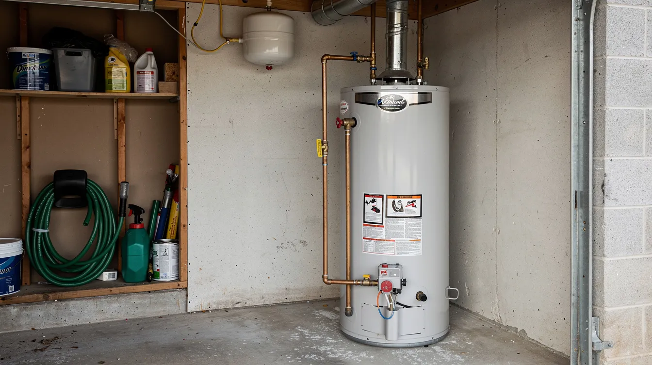 The image depicts a traditional tank water heater installed in a utility closet or garage, showcasing its cylindrical shape and plumbing connections. This water heater is essential for providing hot water to various plumbing fixtures throughout the home, contributing to efficient water supply and maintenance.