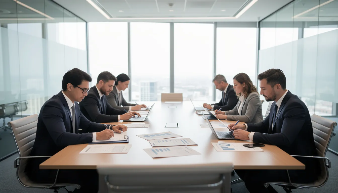 A group of business professionals is gathered around a meeting table, attentively reviewing documents and discussing important information. The atmosphere is focused and collaborative, as they work together to analyze data and make decisions that may involve various payment methods, including credit or debit cards.