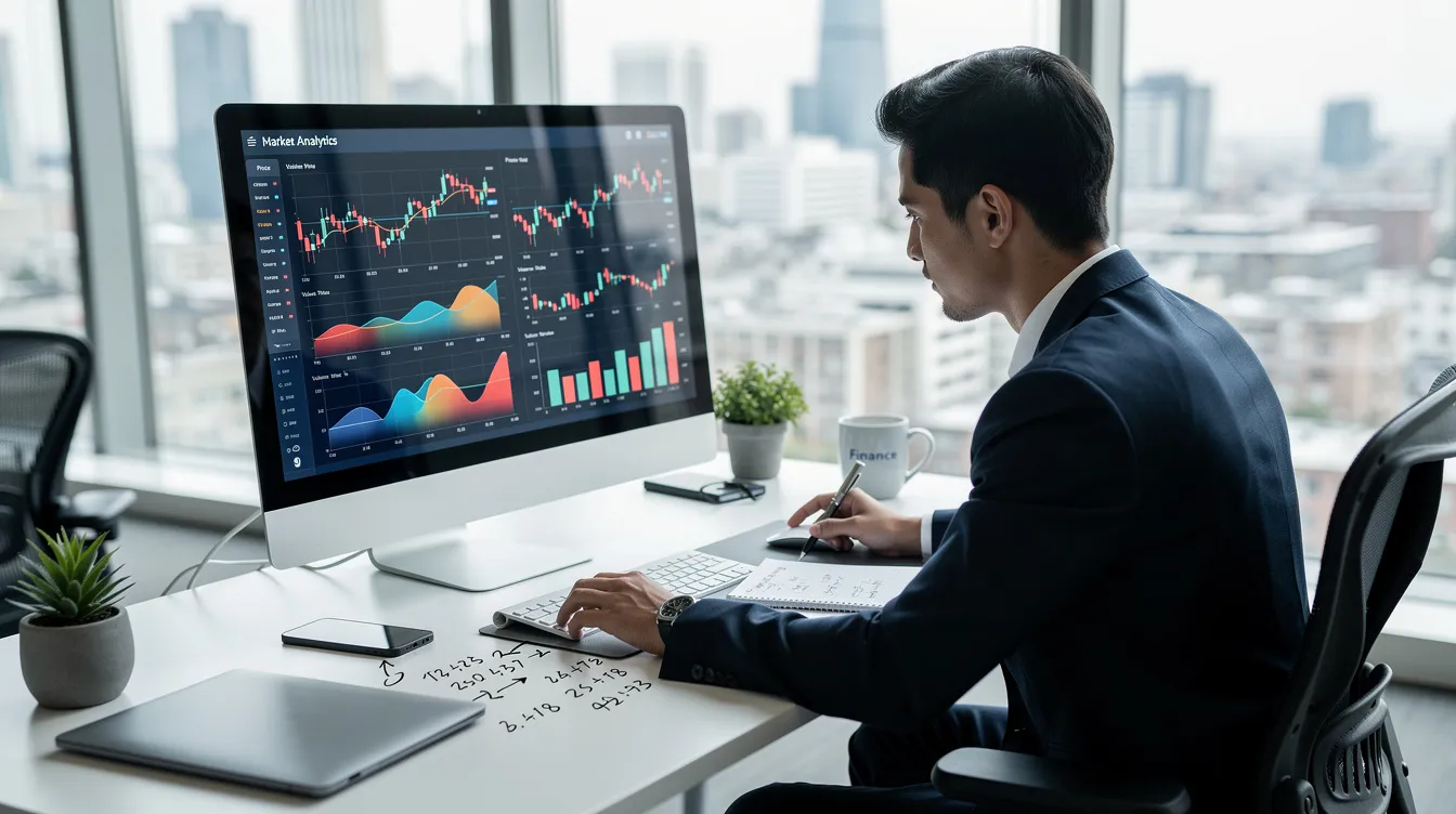A person is intently analyzing financial charts and graphs displayed on a large computer monitor in a modern office setting, highlighting key metrics relevant to commercial real estate marketing and lead generation strategies. The environment suggests a focus on decision-making processes to track market trends and drive business growth.