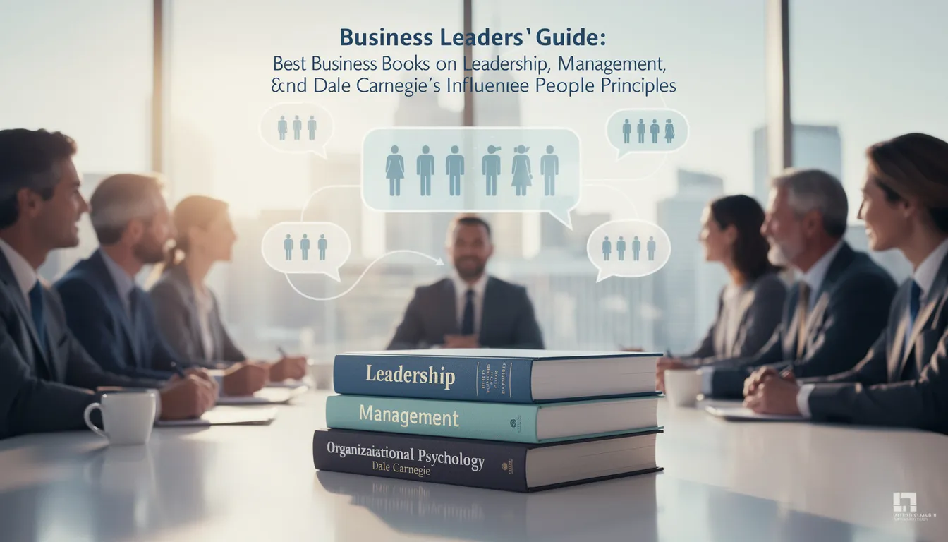 The image depicts a collection of influential business books on leadership, management, and interpersonal skills, highlighting the pivotal role of Dale Carnegie's principles in the business world. These titles offer valuable insights for small business owners and successful entrepreneurs, emphasizing the importance of understanding human behavior and fostering effective communication.