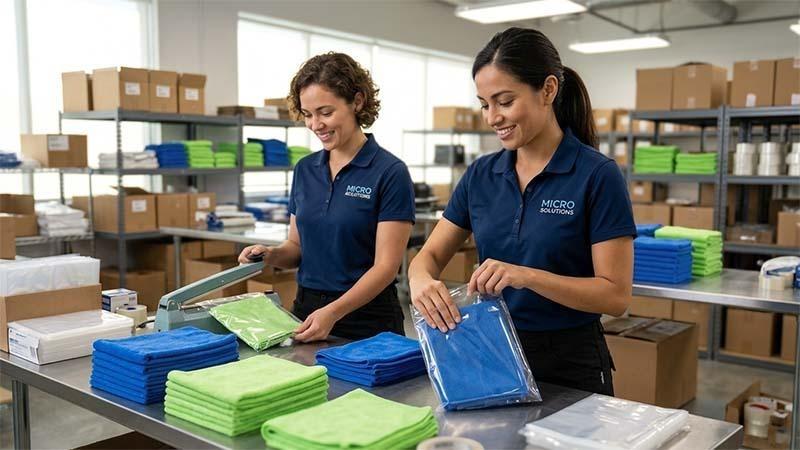Two women packaging microfiber towels