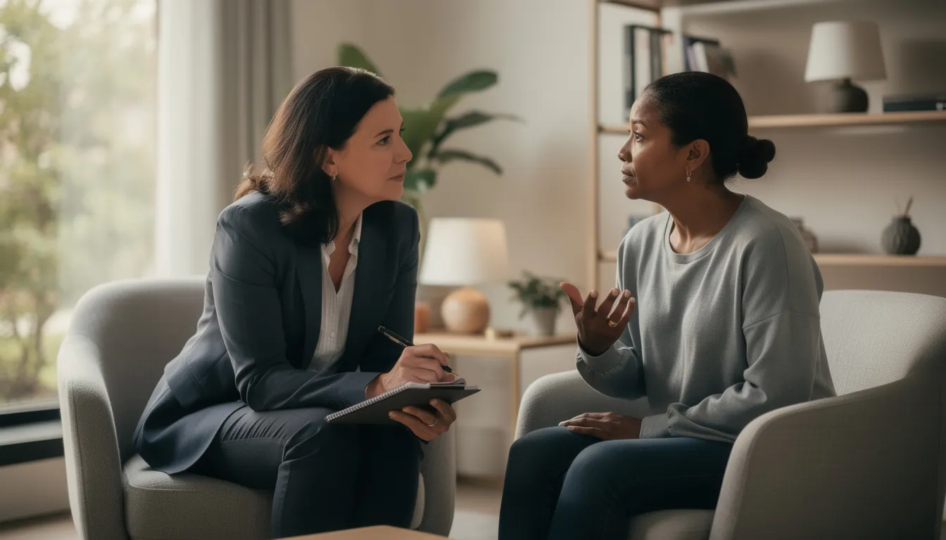 An image of a professional coach and a client engaged in a deep conversation during a transformational coaching session, highlighting the coaching journey focused on personal growth and self-awareness. The setting reflects a supportive environment conducive to exploring possibilities and achieving transformative change.