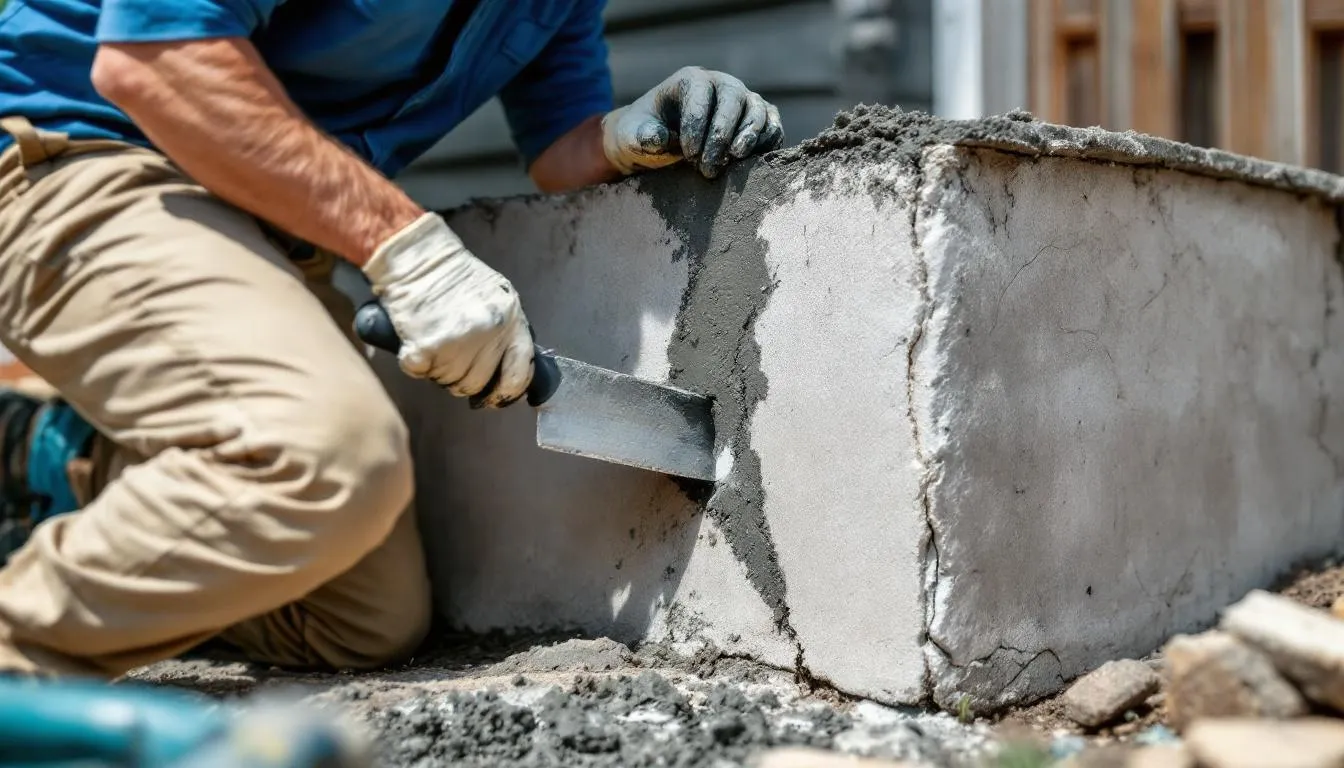 Un homme est en train de réparer une fissure dans la fondation d'une maison, utilisant des outils de maçonnerie pour assurer une intervention efficace. Cette réparation vise à prévenir les infiltrations d'eau et à garantir la sécurité des murs et du sous-sol de la maison au Québec.