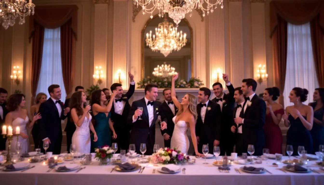 In an elegant ballroom setting, a joyful wedding party is celebrating, with guests dressed in formal attire, surrounded by beautiful decorations and soft lighting. This scene captures the essence of a special event within the hospitality industry, highlighting the importance of understanding different market segments to enhance guest satisfaction and maximize revenue.