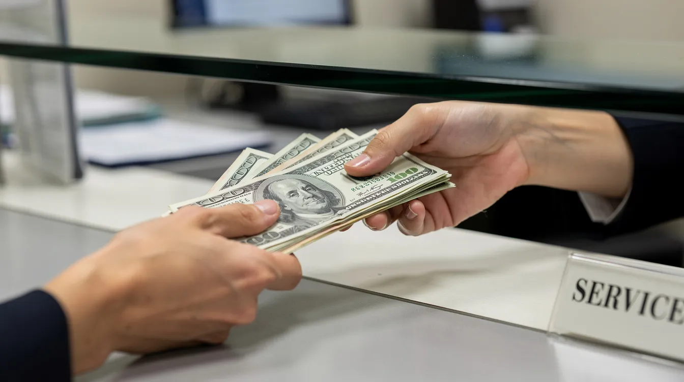 The image depicts two hands exchanging paper currency at a service counter window, highlighting a transaction that may involve international money transfers or cash pickups. This scene reflects the traditional payment methods often compared to modern services like Revolut and Remitly for sending money internationally.