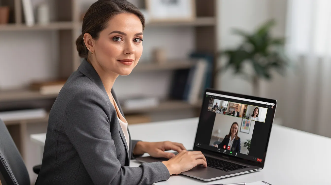 A professional woman is engaged in a video call, her laptop screen displaying a clear view of her defined jawline and elegant neck. The image highlights her youthful appearance, showcasing the results of cosmetic treatments like the Nefertiti neck lift, which enhances jawline definition and addresses signs of aging such as sagging skin and neck wrinkles.