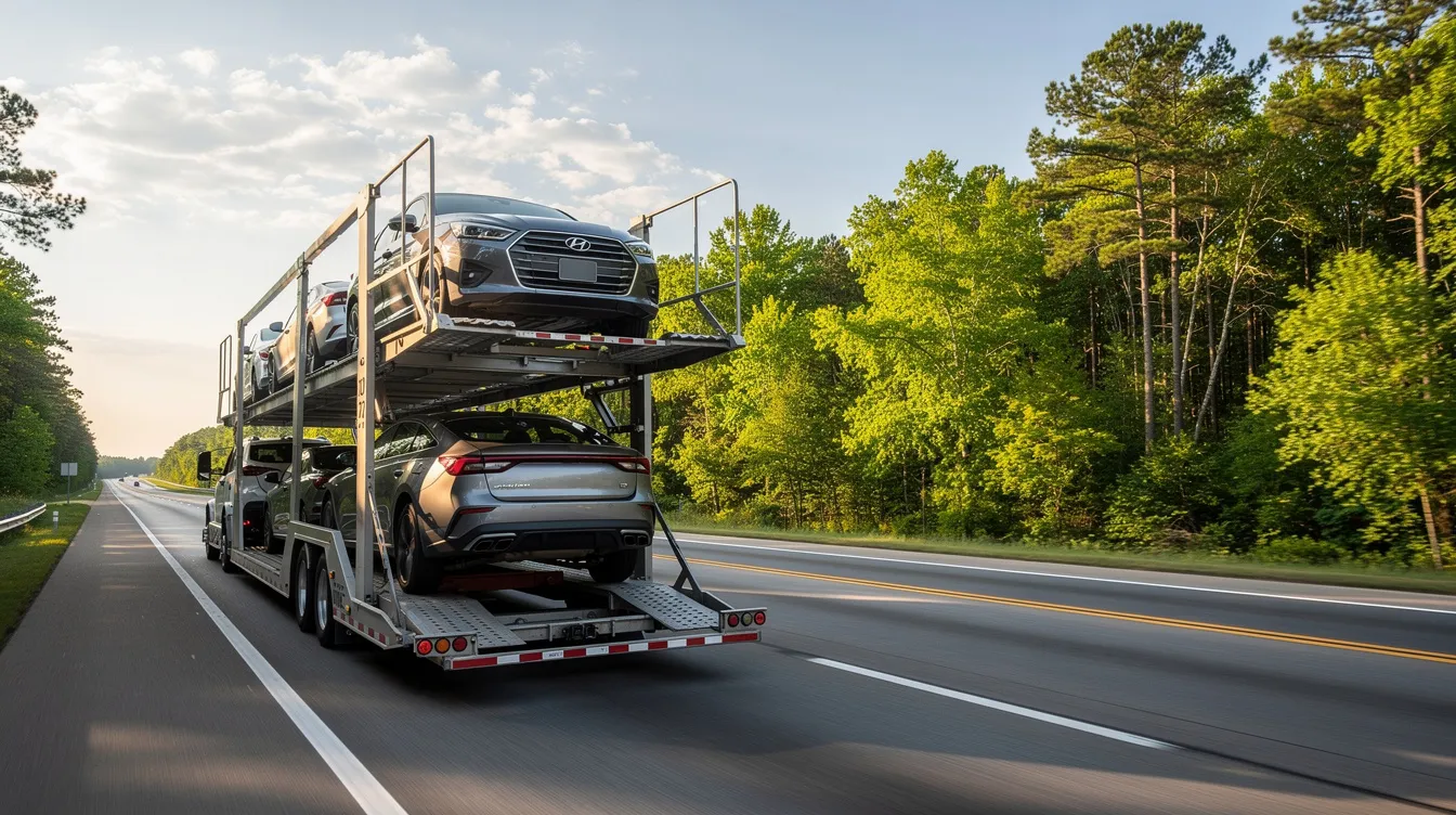 A car carrier truck is driving along a spacious highway in Alabama, flanked by lush green trees on both sides, showcasing the efficiency of auto transport services in the region. This scene highlights the reliable and streamlined shipping process for vehicle transportation in Alabama.