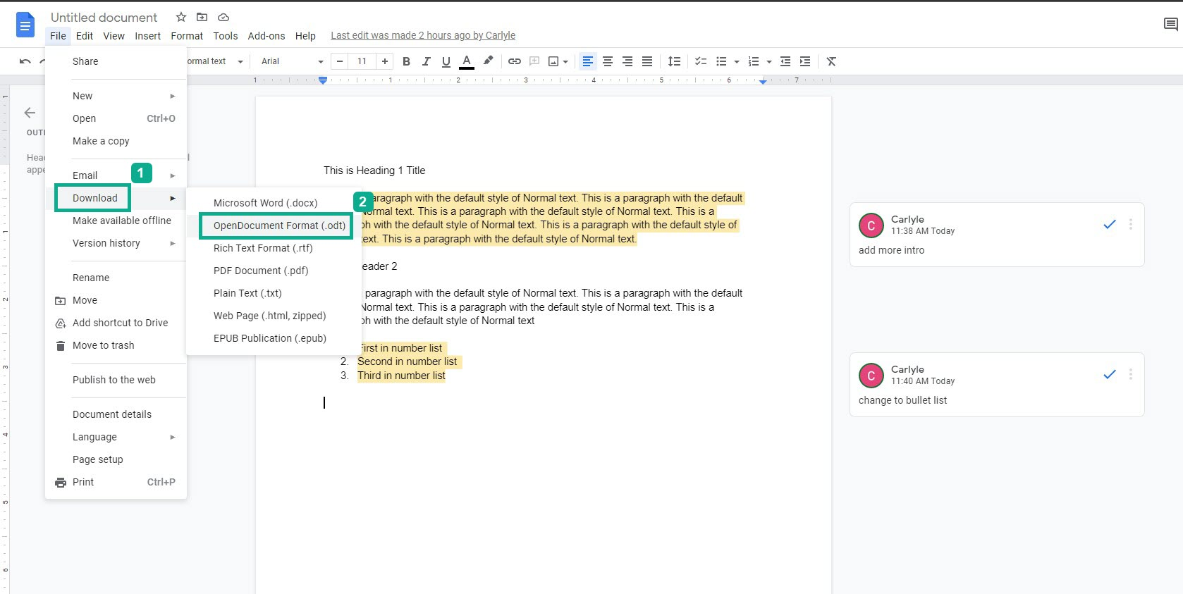 Step 3: Select download, then click OpenDocument Format (.odt)