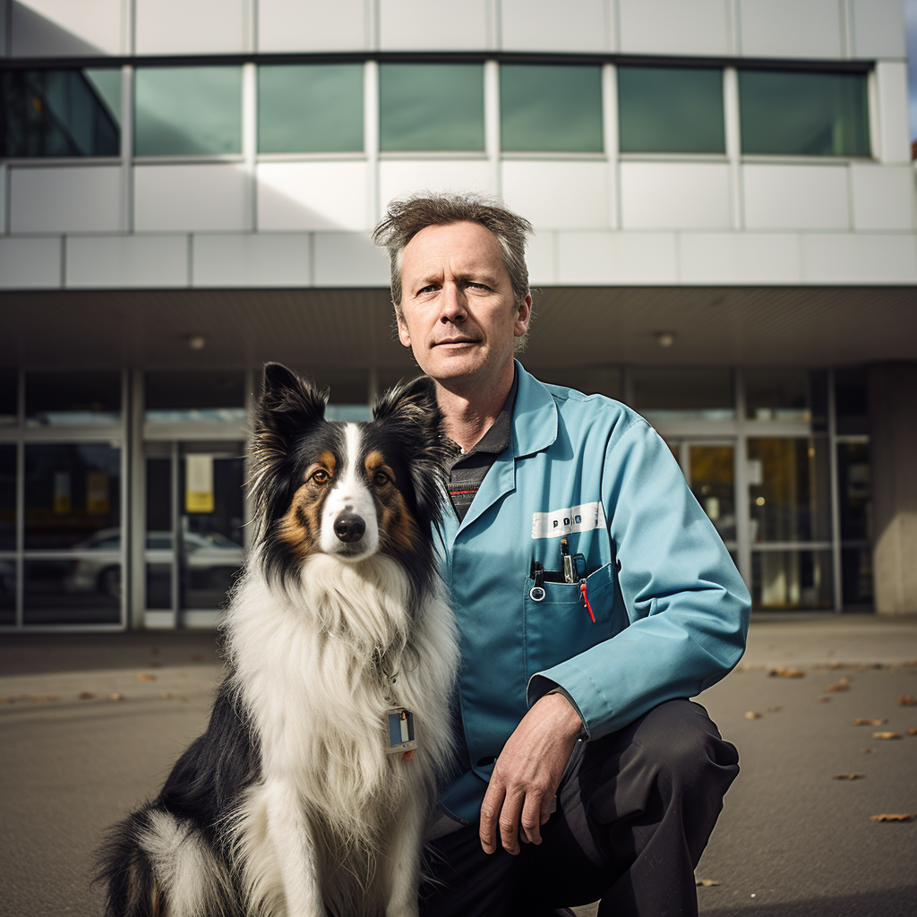 A male dog with a veterinarian for a neutering appointment