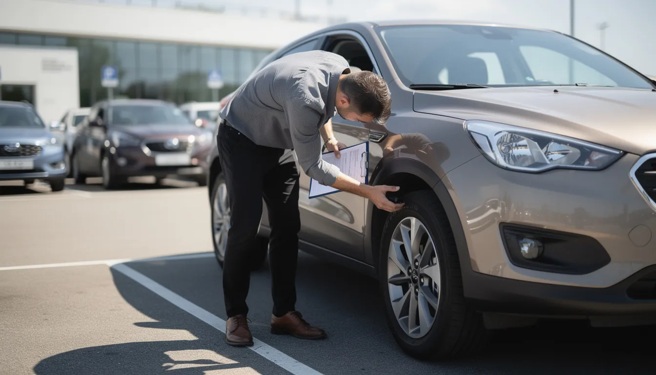Une personne inspecte attentivement la carrosserie d'une voiture de location, s'assurant de son état avant la prise en charge. Cette scène illustre l'importance du service client chez Sixt, garantissant une expérience de qualité pour les clients lors de leur réservation.