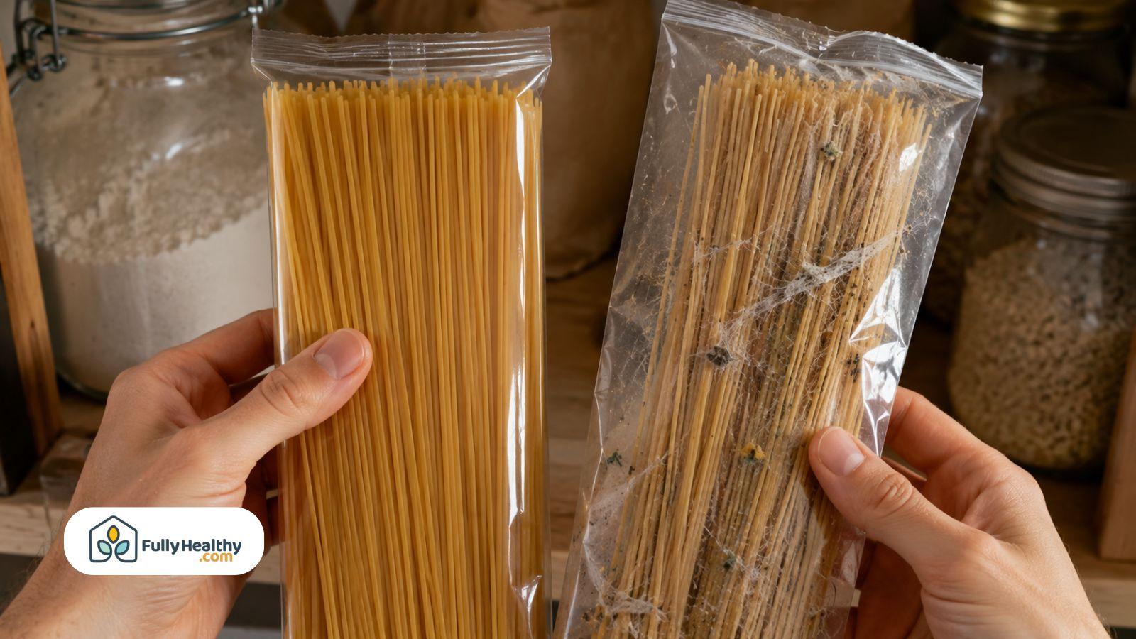 Fresh dry pasta compared with moldy spaghetti showing clear spoilage warning signs