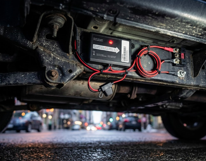 Hardwired GPS tracker mounted under a car in 2026