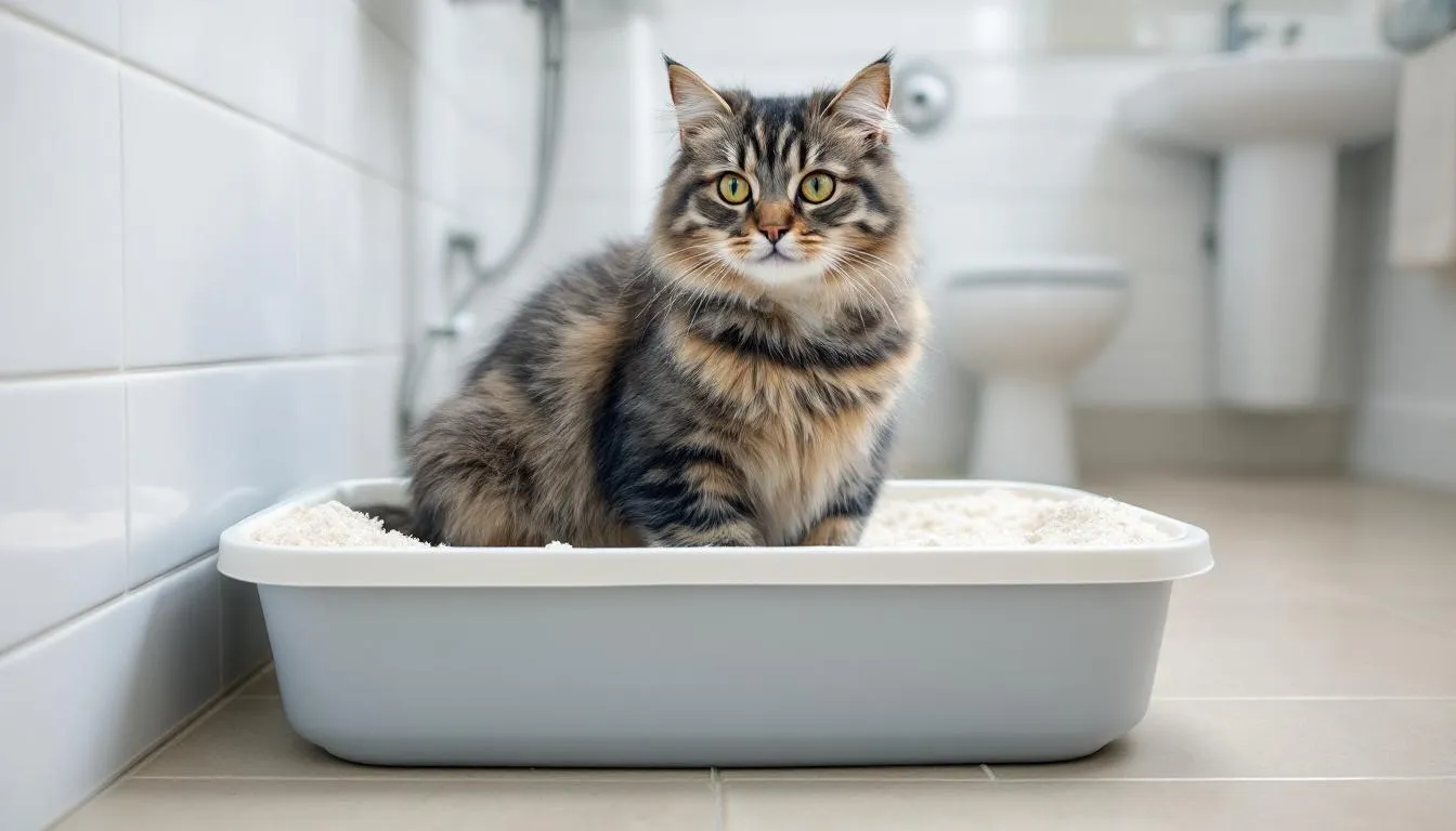 In een goed verlichte badkamer zit een kat comfortabel in een schone kattenbak, terwijl het frisse kattenbakvulling gebruikt wordt. Deze schone kattenbak helpt de kat gezond te blijven en voorkomt vieze geurtjes.