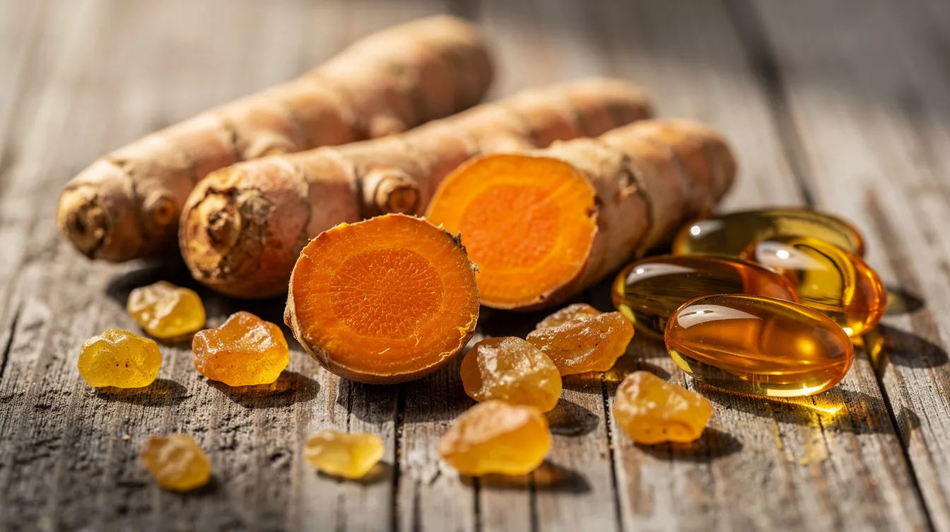 A close-up view of natural supplement ingredients showcases vibrant turmeric root, aromatic frankincense resin, and translucent fish oil capsules, all elegantly arranged on a rustic wooden surface. These dietary supplements are often recommended for joint health and may help ease joint pain associated with conditions like arthritis and knee osteoarthritis.