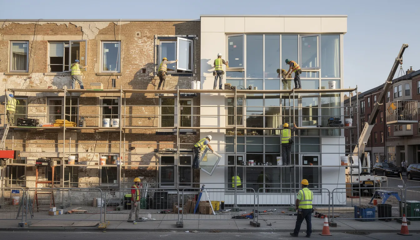 A team of construction workers is actively renovating an apartment building, installing new windows and making exterior improvements to enhance its appeal. This renovation represents a significant investment opportunity in commercial real estate, potentially increasing the property's equity multiple and overall cash flows for future investors. A team of construction workers is actively renovating an apartment building, installing new windows and making exterior improvements to enhance its appeal. This renovation represents a significant investment opportunity in commercial real estate, potentially increasing the property's equity multiple and overall cash flows for future investors.