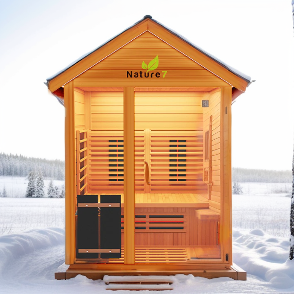 An image of the Medical Breakthrough Nature 7, 4-Person Outdoor Sauna with a snowy background from Airpuria.