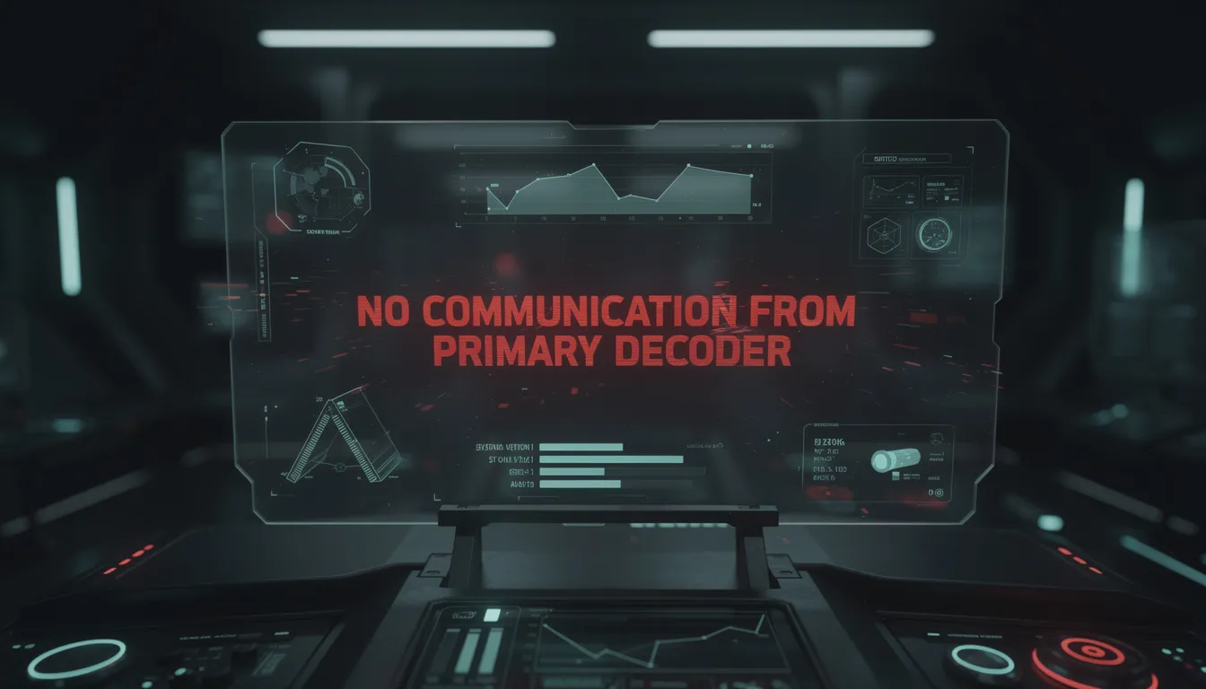 The image depicts a television screen displaying the "No Communication from Primary Decoder" error message, indicating a problem with the connection between the primary decoder and the other decoders. Troubleshooting steps may include checking the heartbeat connection, ensuring all cables are securely connected, and verifying the installation of the DSTV smart LNB.
