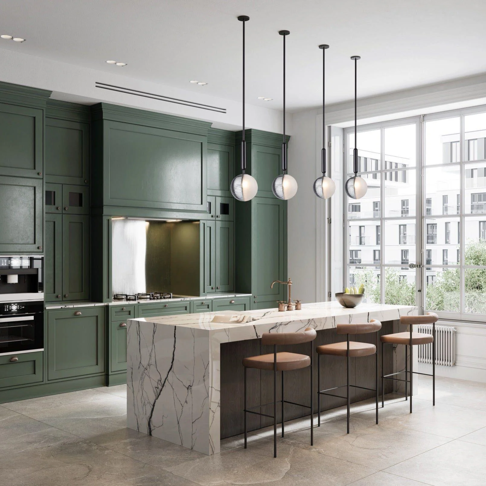 Elegant kitchen with green cabinetry and marble island, featuring four Bolla 1-Light Pendant ceiling lights in a row, creating a modern, sophisticated ambiance.