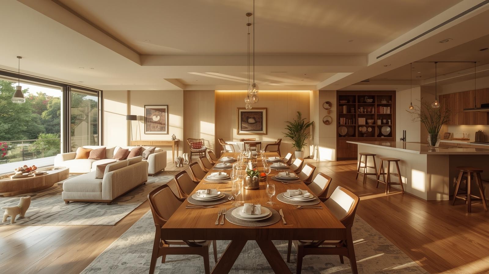 A beautiful open plan living dining room that is zoned for the space using rugs and other accents
