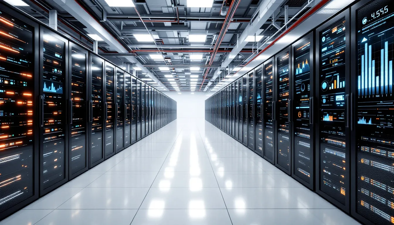 The image depicts a modern data center filled with rows of servers, showcasing robust data platform infrastructure with cloud connectivity. This environment symbolizes the integration of various azure services for data movement, processing, and storage, emphasizing the capabilities of data factories and data lakes in managing and analyzing data efficiently.