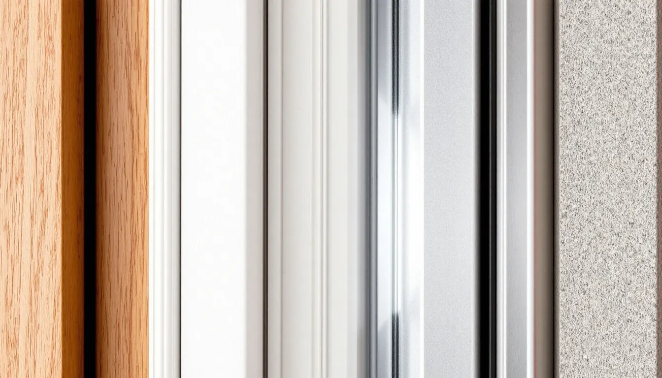 De afbeelding toont een close-up vergelijking van verschillende soorten kozijnen, waaronder kunststof kozijnen, houten kozijnen en aluminium kozijnen. Elk materiaal heeft unieke kenmerken die bijdragen aan de isolatie en duurzaamheid, wat belangrijk is bij het vervangen van oude kozijnen.