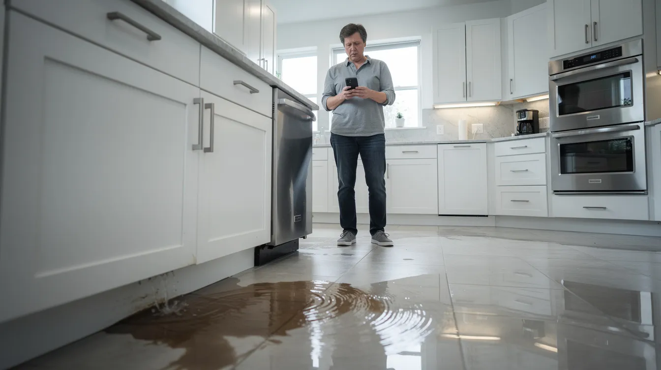 A person stands in a kitchen, holding a smartphone and looking at water pooling on the floor near a cabinet, indicating a potential plumbing emergency. This scene highlights the urgency of addressing plumbing issues, such as leaks or water damage, and the need for expert plumbers or emergency plumbing services.