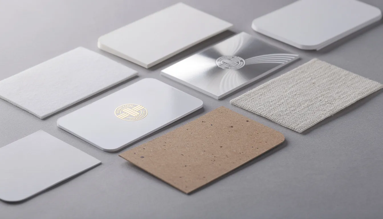 The image showcases a variety of business card materials and finishes, highlighting differences in texture and quality. Each card reflects unique design elements, from bold colors and gold foil accents to sleek modern styles, emphasizing the importance of making a lasting impression on potential clients.