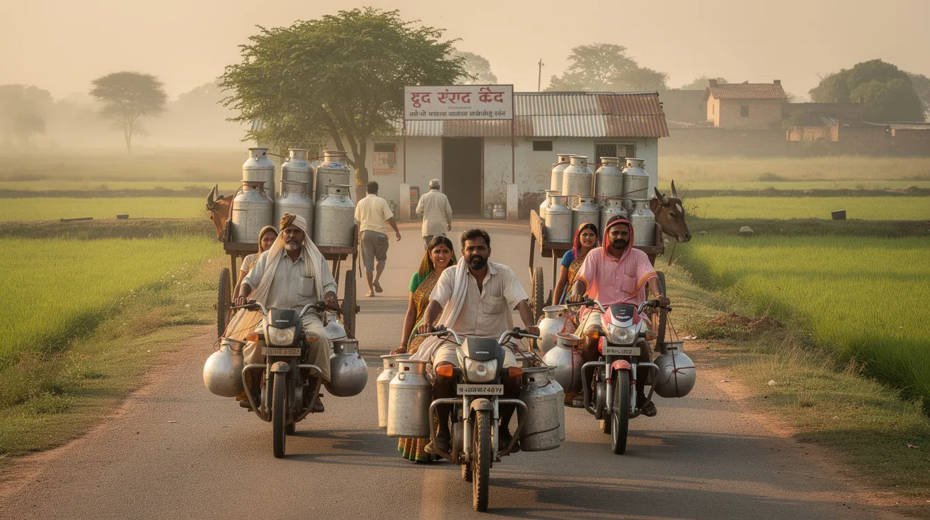 9c0aac07 dc31 4352 9ccb 92a3271da479 The image depicts dairy farmers transporting large milk cans along a rural Indian road, with a collection center visible in the background. This scene highlights the operational efficiency and working capital management essential in the dairy industry, where milk producers rely on effective logistics for their raw materials.