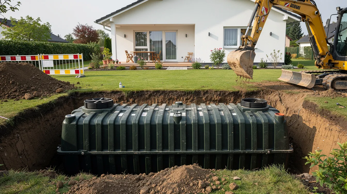 L'image montre une grande cuve en plastique enterrée dans un jardin résidentiel, entourée de terre et de gravier, avec une pelle mécanique à proximité, prête pour l'installation. Cette cuve est destinée à la gestion des eaux pluviales, permettant le stockage et la régulation de l'eau de pluie pour éviter les inondations.